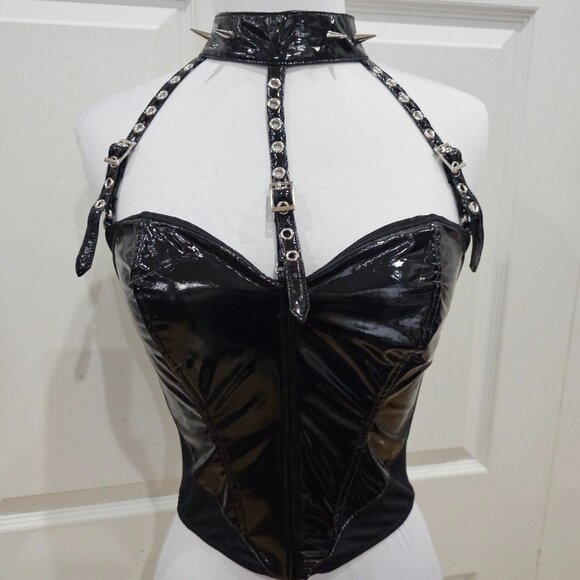Dolls Kill Other - Dolls Kill Widow Dungeon Dynasty Patent Leather Black Spiked Halter Bustier Top